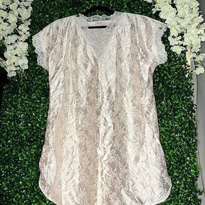 Elissia Vintage Night Slip Gown Pink with White Lace Medium
